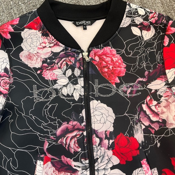 Last chance…Bebe Sport Jacket Black Floral Print Scuba Track Bomber Bling XS - Picture 2 of 7